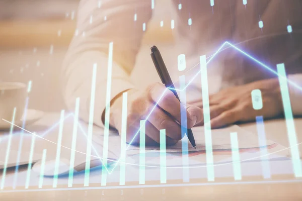 Financial trading chart multi exposure with man desktop background.