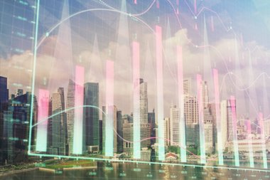 Gökdelenler, duvar kağıtları ve çoklu pozlama ile şehir manzarasının eski çizelgesi. Finansal araştırma kavramı.