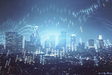 Yüksek binaların arka planında çoklu pozlama olan eski şehir haritası. Finansal araştırma kavramı.