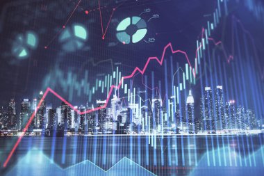 Yüksek binalar arka plan çok pozlama ile gece şehir scape mali grafik. Analiz kavramı.