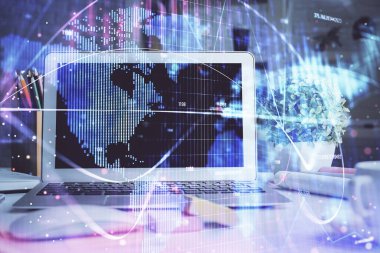 İş teması simgelerinin çifte pozlandırılması ve bilgisayar geçmişi olan çalışma alanı. Başarı kavramı.