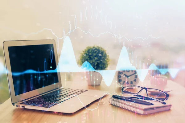 Forex Chart hologram on table with computer background. Double exposure. Concept of financial markets. — Stock Photo, Image