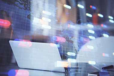 Teknoloji temalı çizim ve bilgisayarlı masa. Çoklu maruz kalma. Bilgi kavramı.