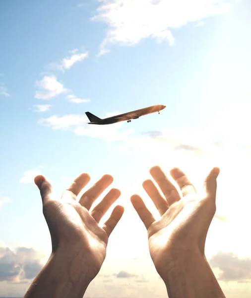 Man Holds Out His Hands Flying Plane Travel Vacation Concept — Stock Photo, Image