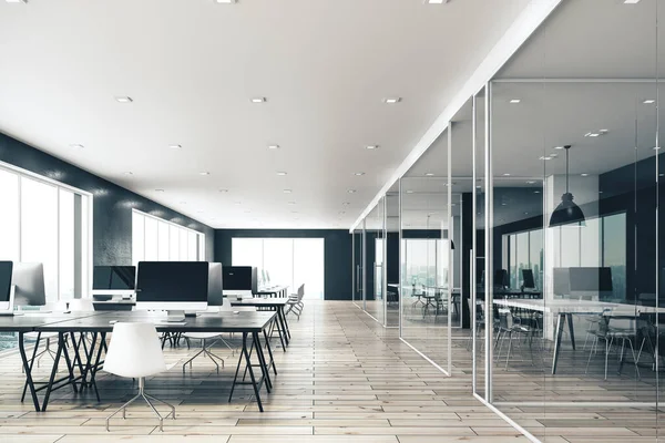 ミニマルなコワーキング ガラスオフィスのインテリア 職場とライフスタイルの概念 3Dレンダリング — ストック写真