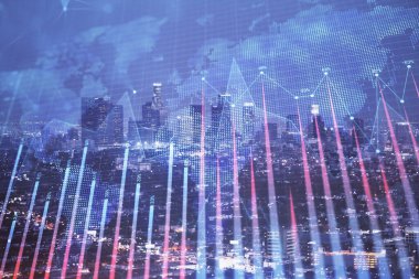 Yüksek binalar arka plan çift pozlama ile gece şehir scape mali grafik. Analiz kavramı.