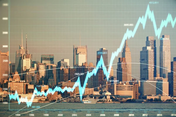 Forex graph on city view with skyscrapers background double exposure. Financial analysis concept. — Stock Photo, Image