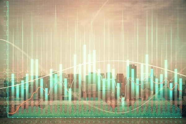 График Forex на вид на город с фоновой мультиэкспозицией небоскребов. Концепция финансового анализа. — стоковое фото