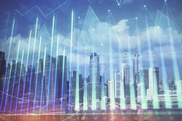 Devisendiagramm auf Stadtbild mit Wolkenkratzern Tapete Multi-Exposure. Finanzielles Forschungskonzept. — Stockfoto