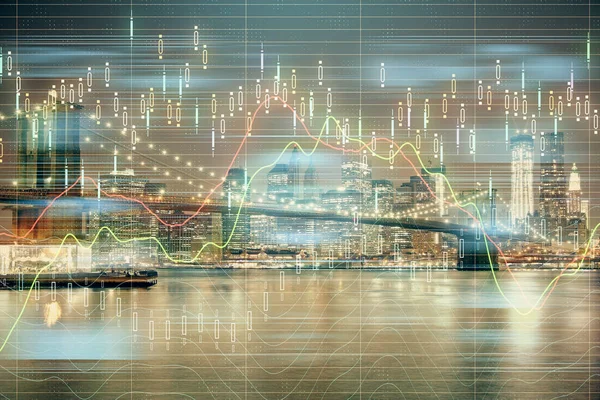Finanzdiagramm über das Stadtbild mit hohen Gebäuden Hintergrund Multi-Exposition. Analysekonzept. — Stockfoto