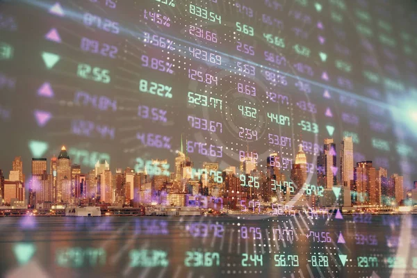 Financial graph on night city scape with tall buildings background double exposure. Analysis concept.