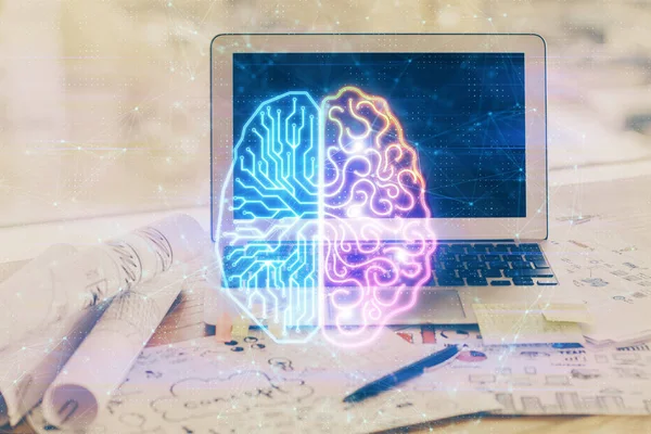 Bilgisayar ve insan beyin hologramıyla çalışma alanının çoklu açığı. Beyin fırtınası konsepti.