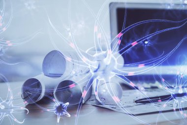 Masaüstü bilgisayar arkaplanı ve nöron çizimi. Çifte maruziyet. Eğitim kavramı.