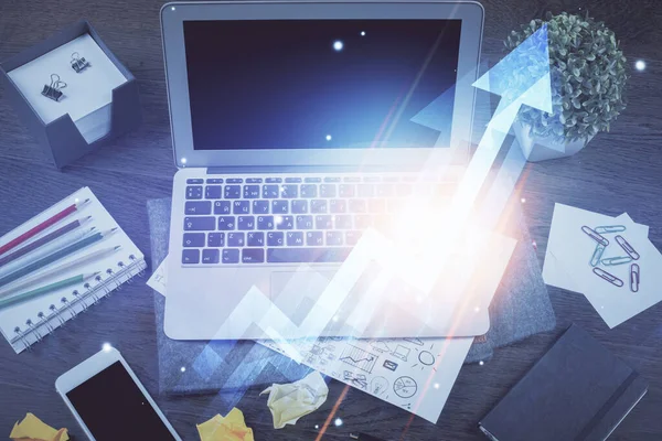 Computer on desktop with point up arrows hologram. Double exposure. Concept of success. — Stock Photo, Image