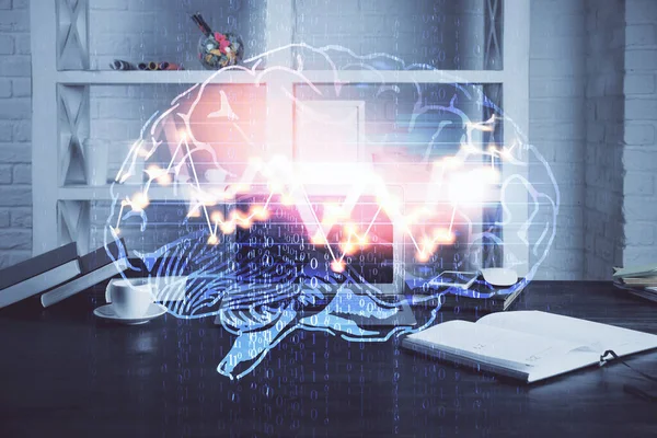 Bilgisayar ve beyin çizimi hologramıyla çalışma masasına çift pozlama. Beyin fırtınası konsepti. — Stok fotoğraf