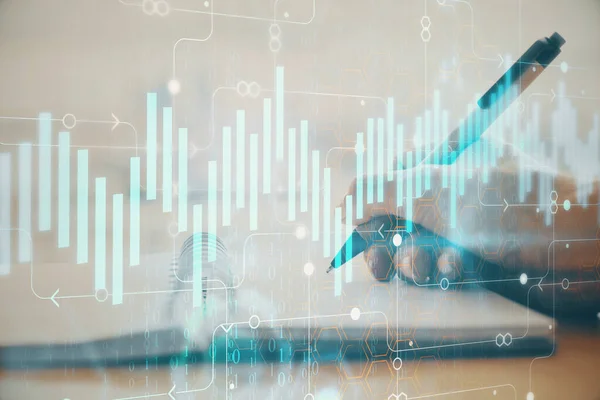 Gráfico de Forex a mano tomando notas de fondo. Concepto de investigación. Exposición múltiple — Foto de Stock