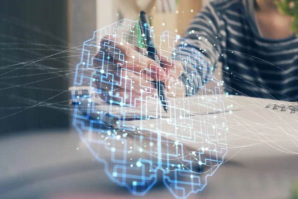 Exposición múltiple de escritura mano sobre fondo con holograma cerebral. Concepto de autoaprendizaje. —  Fotos de Stock