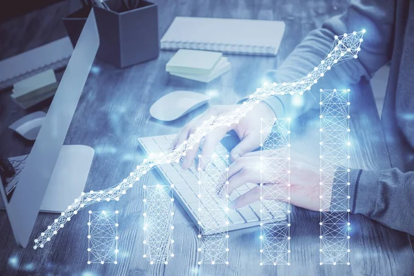 Doppia esposizione di grafico finanziario con l'uomo lavora in ufficio su sfondo. Concetto di analisi . — Foto Stock