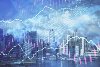 Gökdelenler, duvar kağıtları ve çoklu pozlama ile şehir manzarasının eski çizelgesi. Finansal araştırma kavramı.