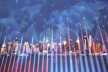 Yüksek binalar arka plan çift pozlama ile gece şehir scape mali grafik. Analiz kavramı.