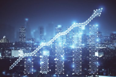 Yüksek binalar arka plan çok pozlama ile gece şehir scape mali grafik. Analiz kavramı.