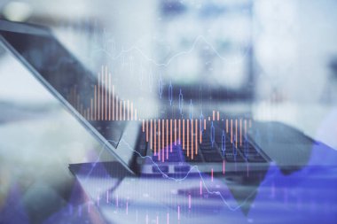 Bilgisayar geçmişi olan eski grafik hologramı. Çifte maruziyet. Finans piyasası kavramı.