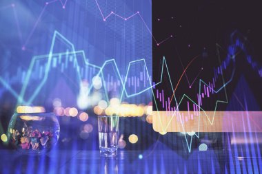 Eski pazar grafiği hologramı ve kişisel bilgisayar geçmişi. Çoklu maruz kalma. Yatırım kavramı.