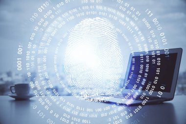 Ofisteki bilgisayarın parmak izi çizimi. Çifte maruziyet. İş veri güvenliği kavramı.