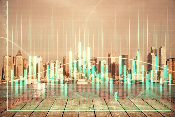 График Forex на вид на город с фоновой мультиэкспозицией небоскребов. Концепция финансового анализа. — стоковое фото