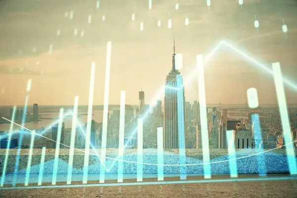 Forex graph on city view with skyscrapers background multi exposure. Financial analysis concept. — Stock Photo, Image