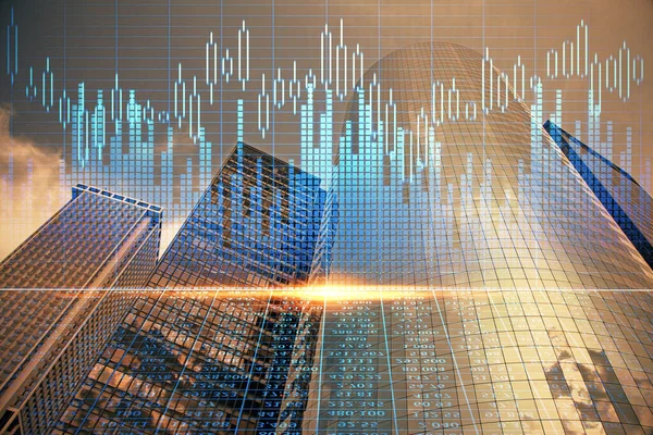 Forex chart on cityscape with skyscrapers wallpaper multi exposure. Financial research concept. — Stock Photo, Image