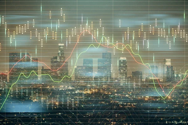 Forex διάγραμμα για cityscape με ψηλά κτίρια φόντο πολλαπλών έκθεσης. Έννοια της χρηματοοικονομικής έρευνας. — Φωτογραφία Αρχείου