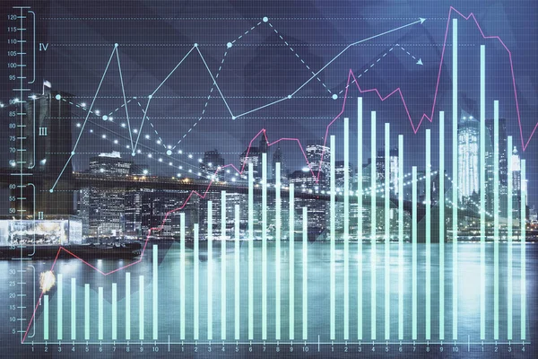 Gráfico financeiro sobre a paisagem da cidade com edifícios altos fundo multi exposição. Conceito de análise . — Fotografia de Stock