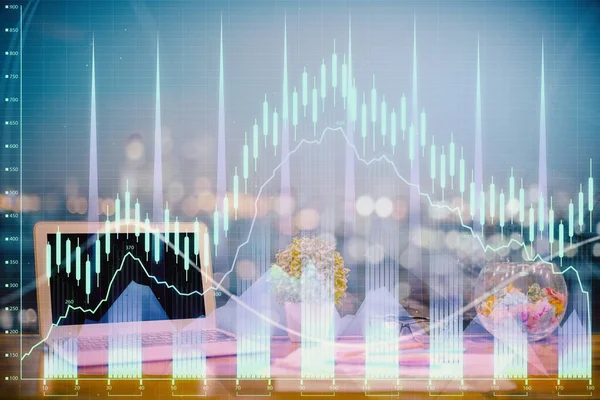 Forex graph hologram on table with computer background. 두 번 노출. 금융 시장의 개념. — 스톡 사진