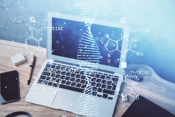 데스크톱 컴퓨터 배경과 DNA 그 리기입니다. 두 번 노출. 과학 개념. — 스톡 사진