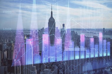 Gökdelenler arka planda çift pozlama ile şehir görünümünde eski grafik. Mali analiz kavramı.