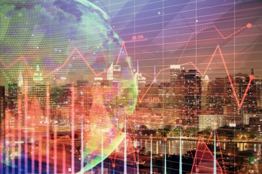 Cityscape arka plan üzerinde forex grafik çizimleri çift pozlama. Başarı kavramı.