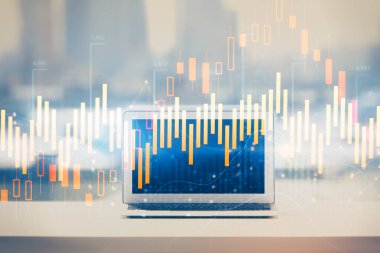 Bilgisayar geçmişi olan eski grafik hologramı. Çoklu maruz kalma. Finans piyasası kavramı.