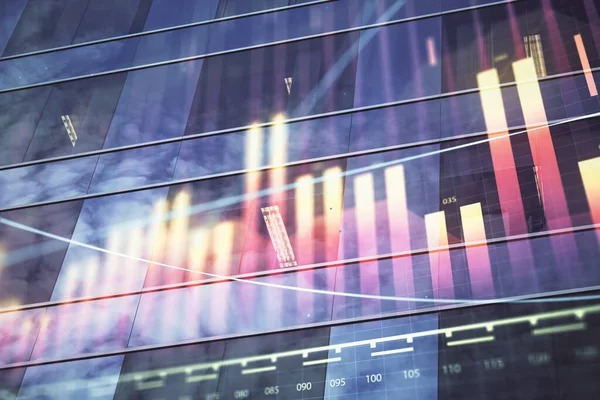 Forex diagram på stadsbilden med höga byggnader bakgrund multi exponering. Finansiell forskning. — Stockfoto