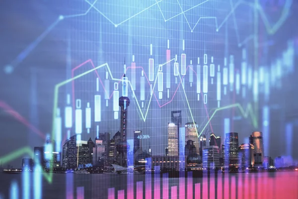 Forex grafiek op stadsgezicht met hoge gebouwen achtergrond multi exposure. Begrip financieel onderzoek. — Stockfoto