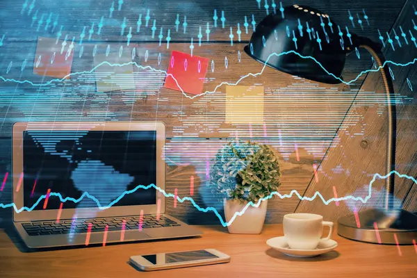 Multi exposure of graph and financial info and work space with computer background. Concept of international online trading. — Stock Photo, Image