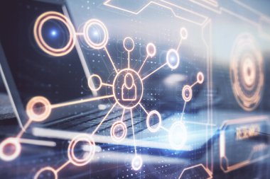 Sosyal ağ hologramıyla birlikte bilgisayar masaüstünde. Çoklu maruz kalma. Uluslararası insan ilişkileri kavramı.