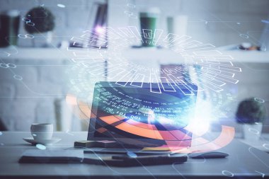 Teknoloji temalı çizim ve bilgisayarla çalışma alanı. Çifte maruziyet. Yenilik kavramı.