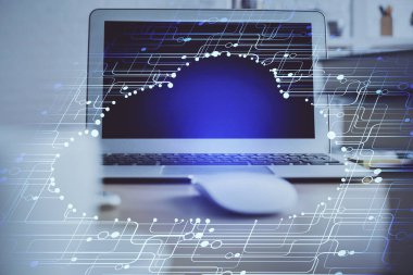 Teknoloji temalı çizim ve bilgisayarla çalışma alanı. Çoklu maruz kalma. Yenilik kavramı.