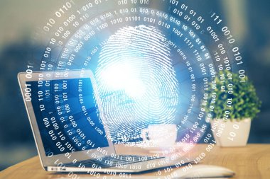 Ofisteki bilgisayarın parmak izi çizimi. Çifte maruziyet. İş veri güvenliği kavramı.