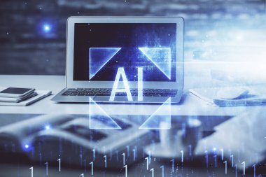 Teknoloji temalı çizim ve bilgisayarlı masa. Çoklu maruz kalma. Bilgi kavramı.