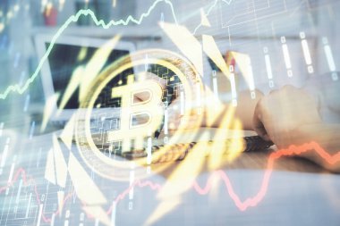 Kripto para birimi hologramı, notlar alan ellerin üzerinde arka plan. Blockchain kavramı. Çoklu pozlama