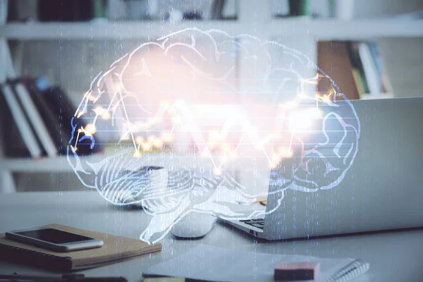 Doble exposición de la mesa de trabajo con el holograma de la computadora y del cerebro. Concepto de lluvia de ideas . —  Fotos de Stock