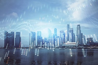 Yüksek binaların arka planında çoklu pozlama olan eski şehir haritası. Finansal araştırma kavramı.