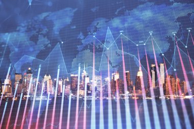 Yüksek binalar arka plan çift pozlama ile gece şehir scape mali grafik. Analiz kavramı.